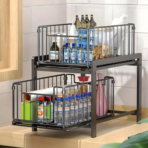 1pc 2 Tier Sliding Basket Drawer Organizer for Kitchen And Bathroom - Removable Pull-Out Organizing Kitchen & Bathroom - for - Essentials Countertop Storage Rack with Metal Shelf Suitable for Everyday Use - Perfect Gift for Homemakers & Organizers