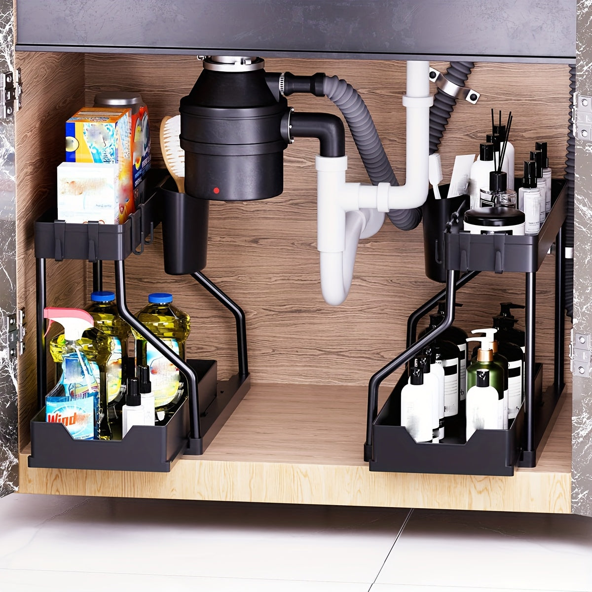 2pcs Under Sink Organizer with Sliding Shelves - Durable Pull-Out Cabinet Organizer for Bathroom & Kitchen, Space-Saving Storage Solution, Sleek Design