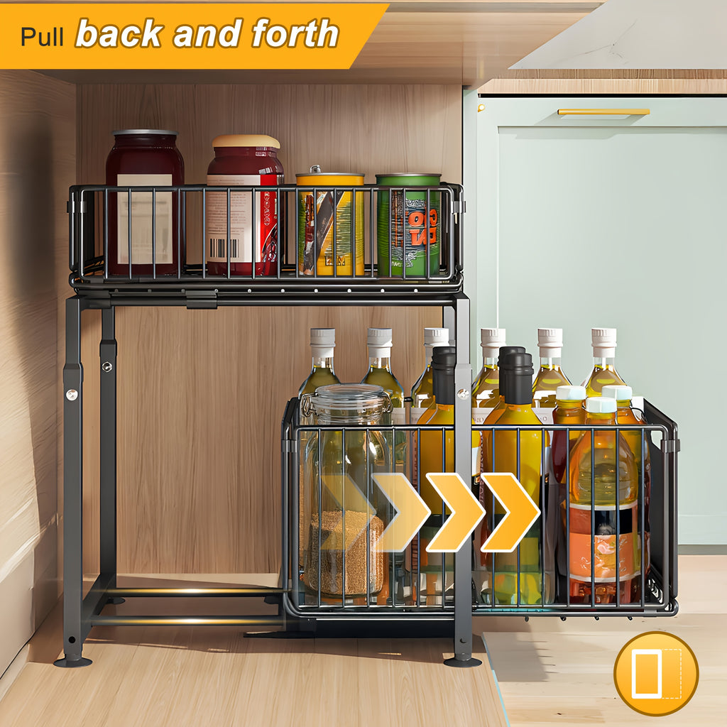 1pc Big Black Pull Out Drawer for Kitchen Cabinet, 2-Tier No Drill Roll Out Organizer, Space-Saving Cabinet Organizer for Home Kitchen Use, Slide Out Shelves for Pantry Storage