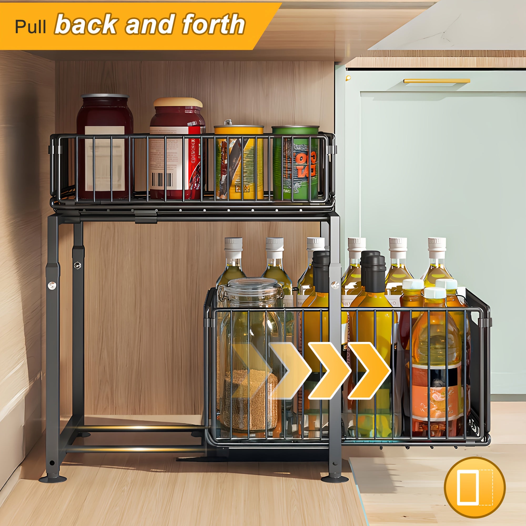 1pc Big Black Pull Out Drawer for Kitchen Cabinet, 2-Tier No Drill Roll Out Organizer, Space-Saving Cabinet Organizer for Home Kitchen Use, Slide Out Shelves for Pantry Storage