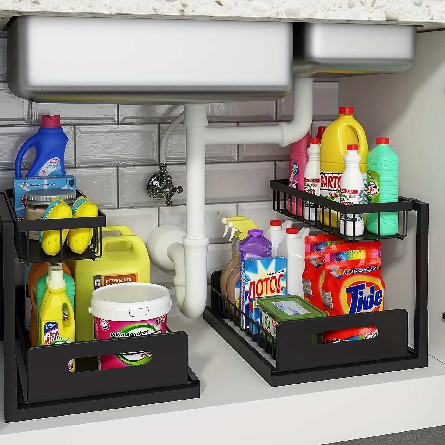 1/2pcs Kitchen Organizers And Storage, Kitchen Accessories, Utility Racks, Under Sink Organizer, Pull Out Cabinet Organizer, 2 Tier Slide Out Sink Shelf, Cabinet Storage Shelves, Under Sink Storage for Kitchen Bathroom Cabinet, Local Warehouse