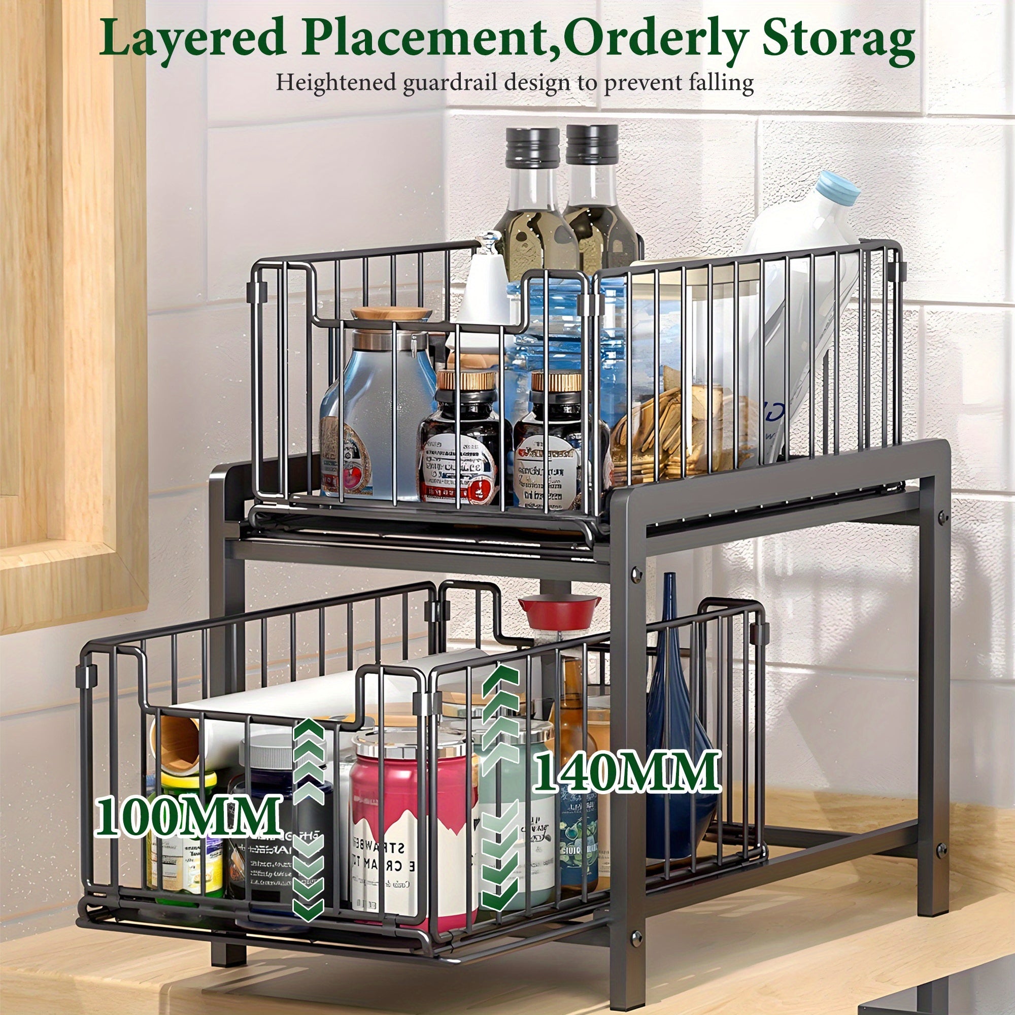 1pc 2 Tier Sliding Basket Drawer Organizer for Kitchen And Bathroom - Removable Pull-Out Organizing Kitchen & Bathroom - for - Essentials Countertop Storage Rack with Metal Shelf Suitable for Everyday Use - Perfect Gift for Homemakers & Organizers