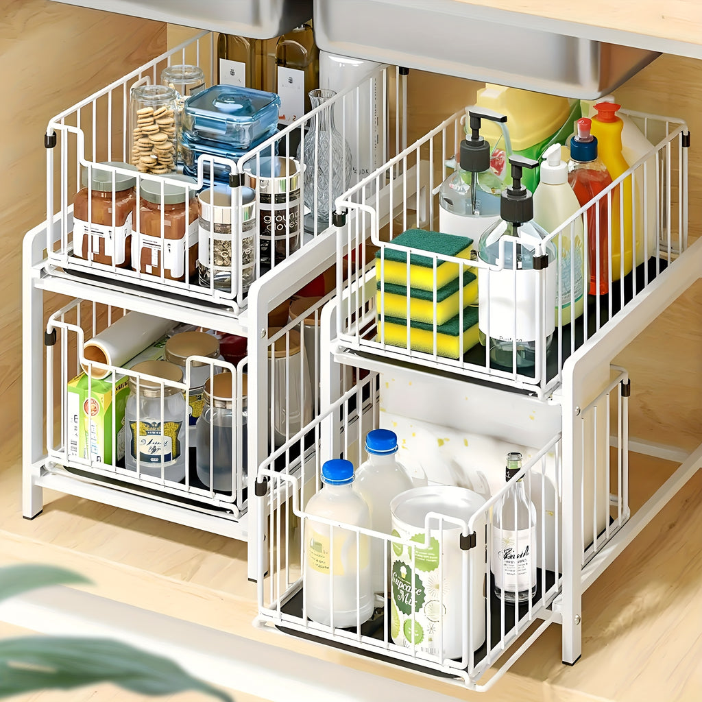 2-Tier Sliding Under-Sink Organizer Rack – Durable Metal Wire Storage Basket for Kitchen & Bathroom Essentials, Removable & Easy to Clean, Perfect for Utensils, Spices, Toiletries, and More, Bathroom Organizers And Storage