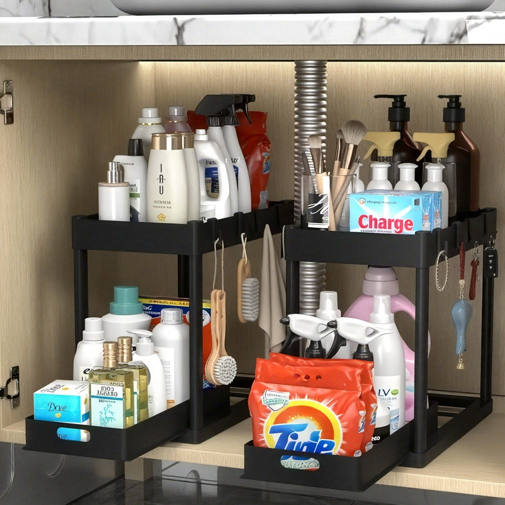 Set of 2 Under-Sink Organizers, Bathroom Cabinet Storage Solution, Dual-Tier Sliding Basket Drawers, Versatile Bath Collection Baskets for Under-Counter Storage with 8 Hooks