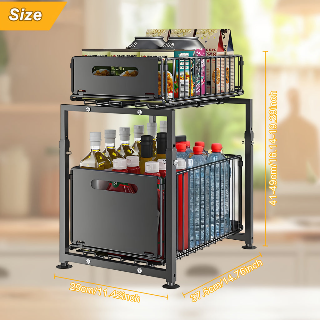 1pc Big Black Pull Out Drawer for Kitchen Cabinet, 2-Tier No Drill Roll Out Organizer, Space-Saving Cabinet Organizer for Home Kitchen Use, Slide Out Shelves for Pantry Storage