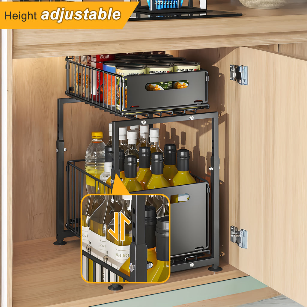 1pc Big Black Pull Out Drawer for Kitchen Cabinet, 2-Tier No Drill Roll Out Organizer, Space-Saving Cabinet Organizer for Home Kitchen Use, Slide Out Shelves for Pantry Storage