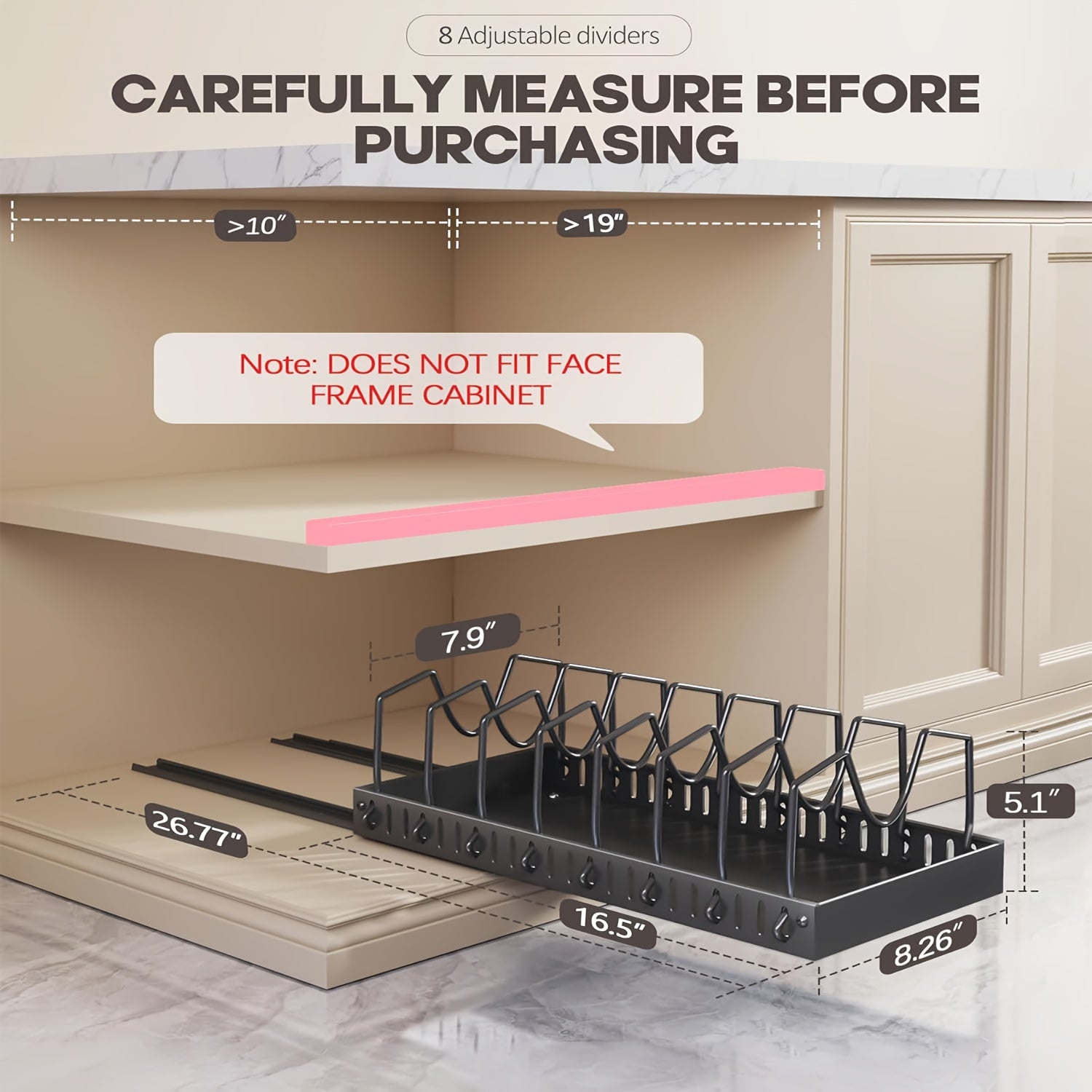 Pull Out Pot Lids Organizer Rack, 2pcs Pots And Pans Organizer for Under Cabinet, Pot Lid Holder with 8 Adjustable Compartment for Kitchen Cabinet Cookware Baking