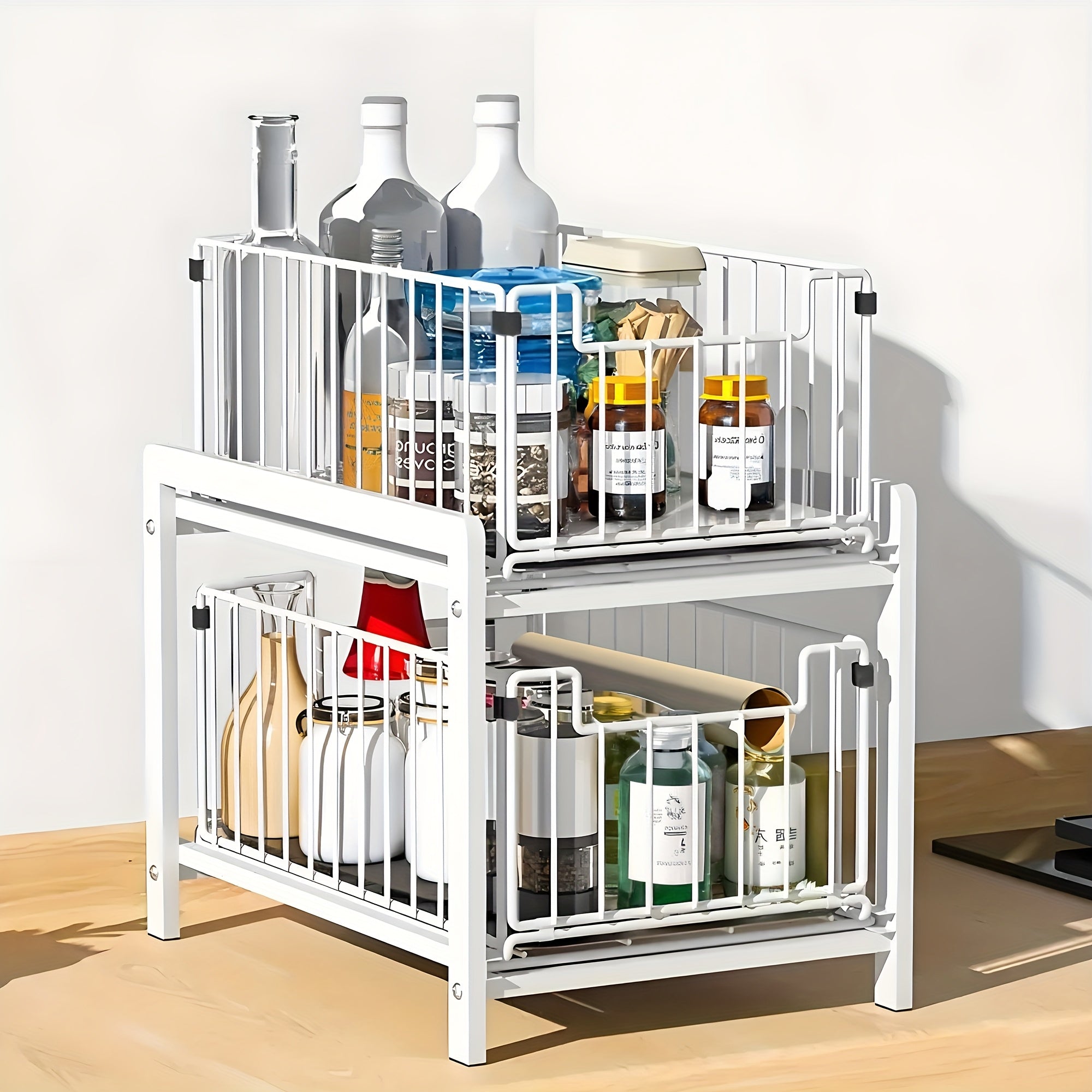 2-Tier Sliding Under-Sink Organizer Rack – Durable Metal Wire Storage Basket for Kitchen & Bathroom Essentials, Removable & Easy to Clean, Perfect for Utensils, Spices, Toiletries, and More, Bathroom Organizers And Storage