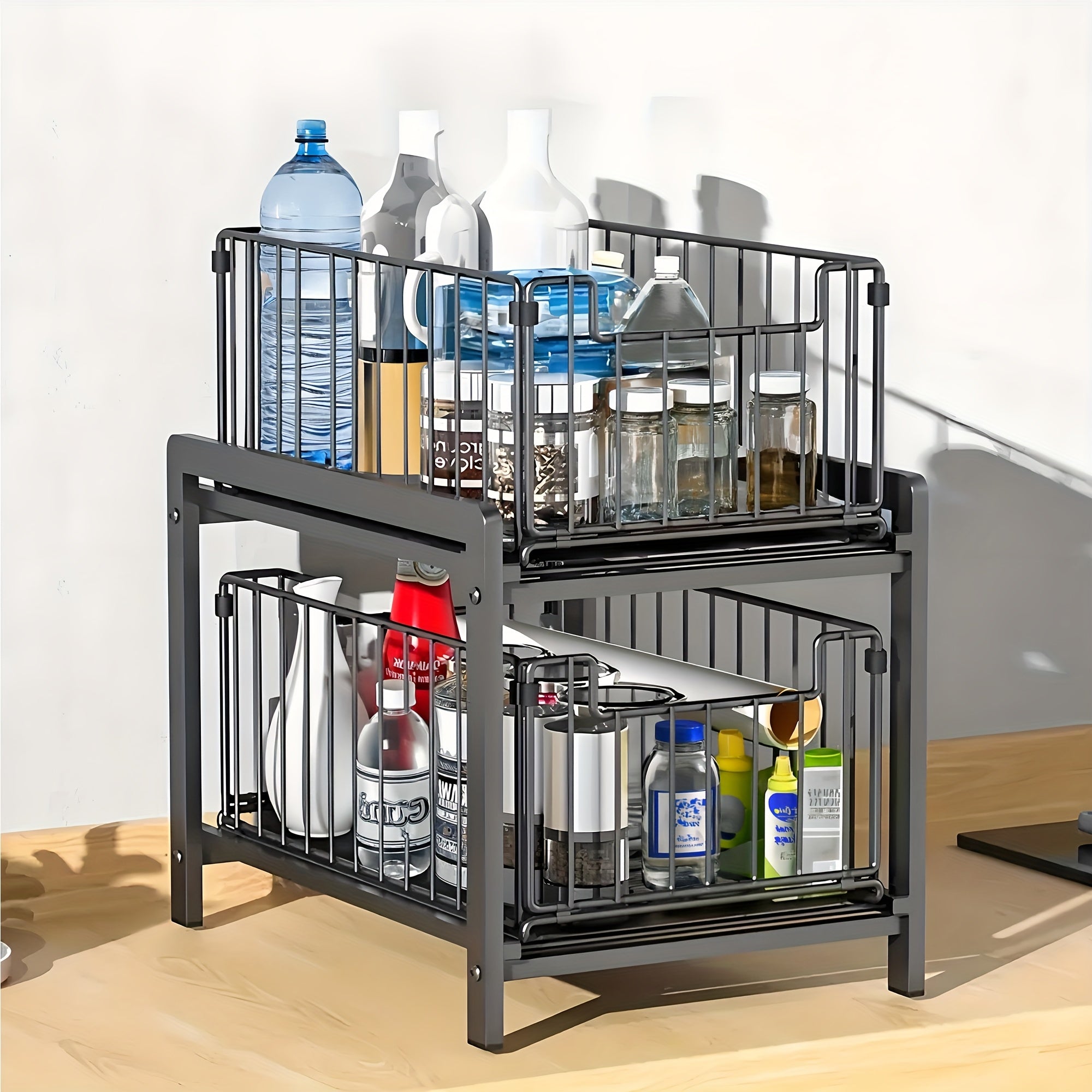 1pc 2 Tier Sliding Basket Drawer Organizer for Kitchen And Bathroom - Removable Pull-Out Organizing Kitchen & Bathroom - for - Essentials Countertop Storage Rack with Metal Shelf Suitable for Everyday Use - Perfect Gift for Homemakers & Organizers