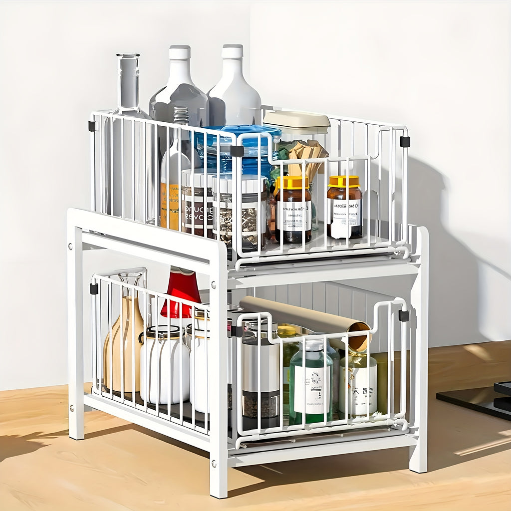 1pc 2 Tier Sliding Basket Drawer Organizer for Kitchen And Bathroom - Removable Pull-Out Organizing Kitchen & Bathroom - for - Essentials Countertop Storage Rack with Metal Shelf Suitable for Everyday Use - Perfect Gift for Homemakers & Organizers